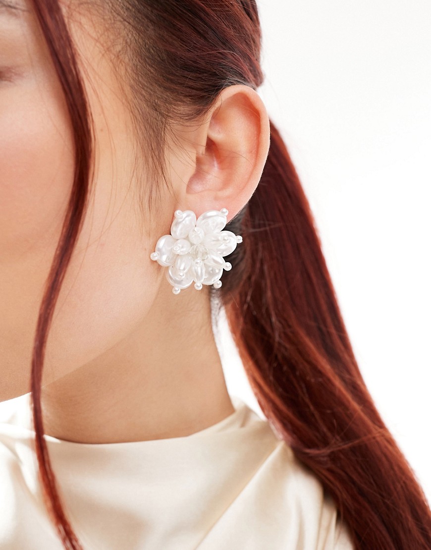 ASOS DESIGN stud earrings with floral faux pearl detail-White