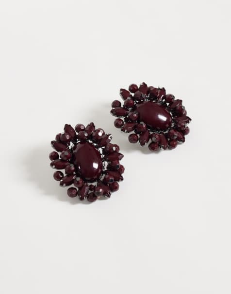 ASOS DESIGN stud earrings with floral gem stone design in burgundy - view 1