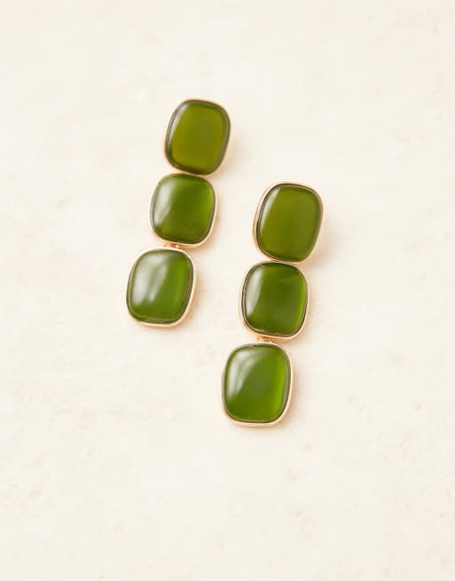 ASOS DESIGN stud earrings with green faux-stone pendant drops in gold tone