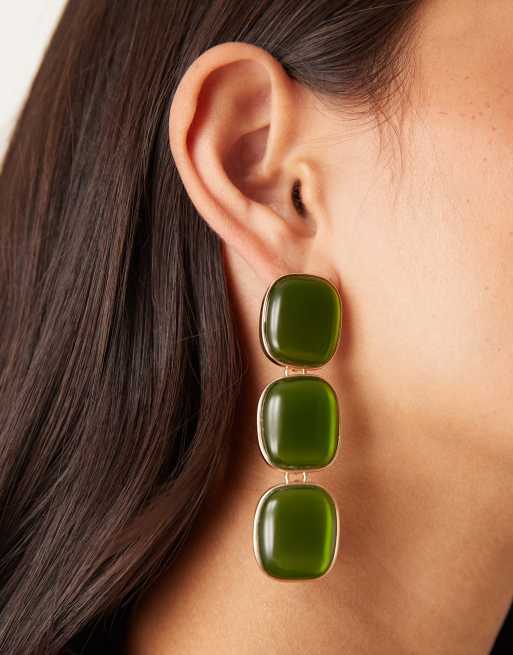 ASOS DESIGN stud earrings with green faux-stone pendant drops in gold tone