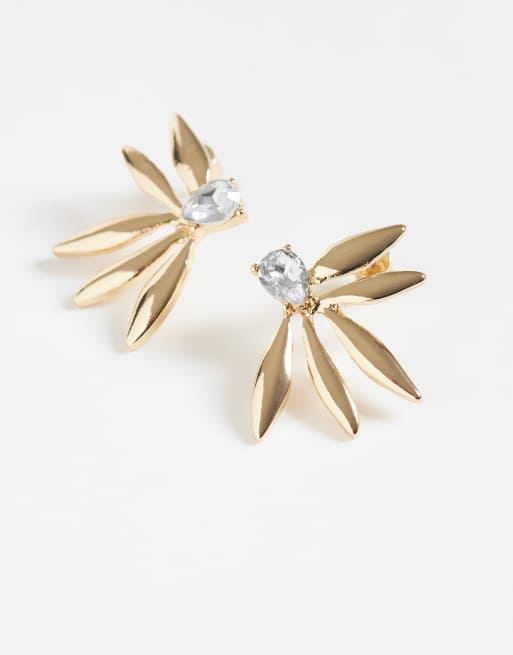 ASOS DESIGN stud earrings with half petal and diamante design in gold tone, 4 of 4
