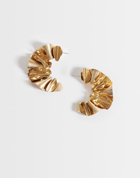 ASOS DESIGN stud earrings with half-ruffle design in brushed gold tone - view 1