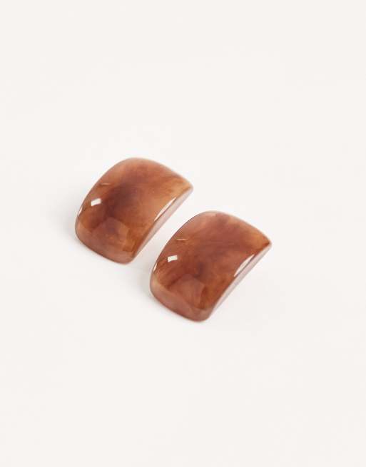 ASOS DESIGN stud earrings with oblong design in chocolate brown, 2 of 3
