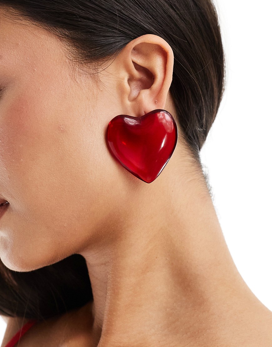 ASOS DESIGN stud earrings with oversized puff heart design in red