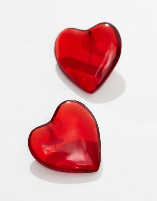 ASOS DESIGN stud earrings with oversized puff heart design in red, 2 of 4