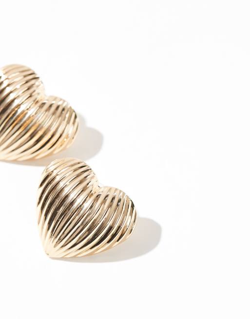 ASOS DESIGN stud earrings with oversized ridged puff heart in gold tone