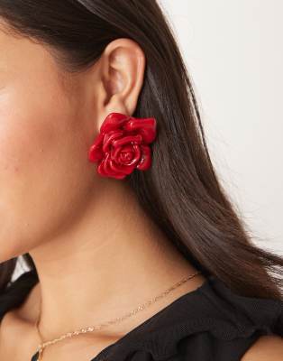 stud earrings with oversized rose detail in red