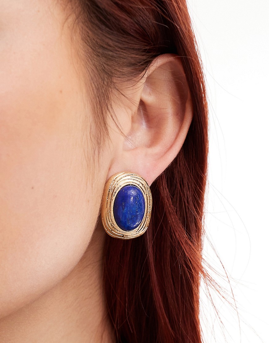 ASOS DESIGN stud earrings with real semi precious lapis detail in gold tone