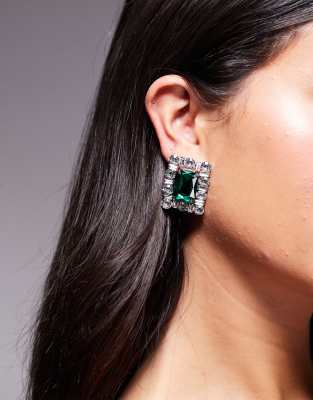 stud earrings with rectangle emerald crystal detail in silver tone