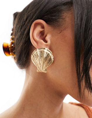 ASOS DESIGN stud earrings with shell design in gold tone