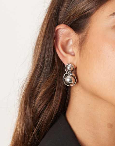 ASOS DESIGN stud earrings with spherical pendant drop in silver tone - view 1