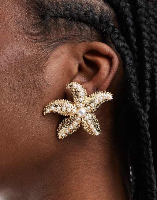 FhyzicsShops DESIGN stud earrings with starfish faux pearl design in gold tone