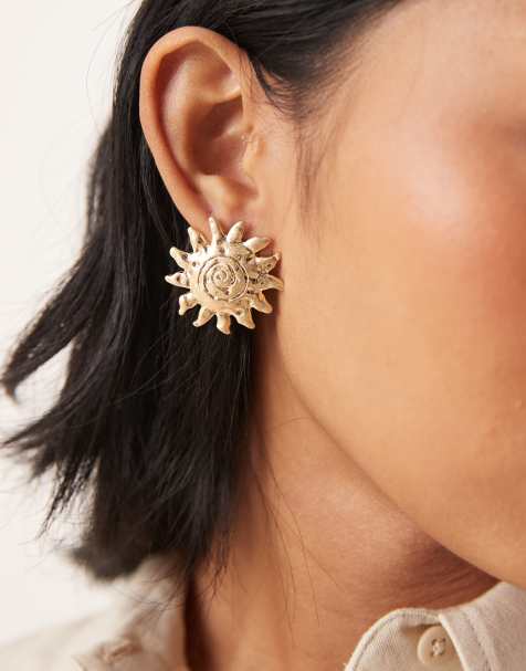 ASOS DESIGN stud earrings with sun design in gold tone - view 1