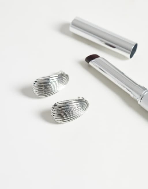 ASOS DESIGN stud earrings with teardrop ridged design in silver tone, 2 of 4