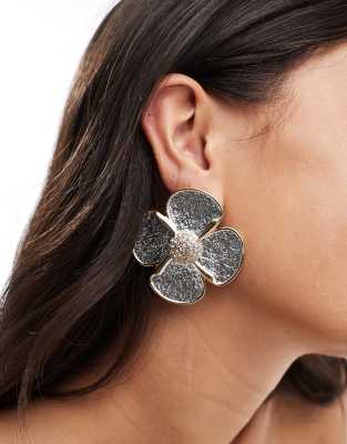 ASOS DESIGN stud earrings with textured mixed metal floral detail in multi