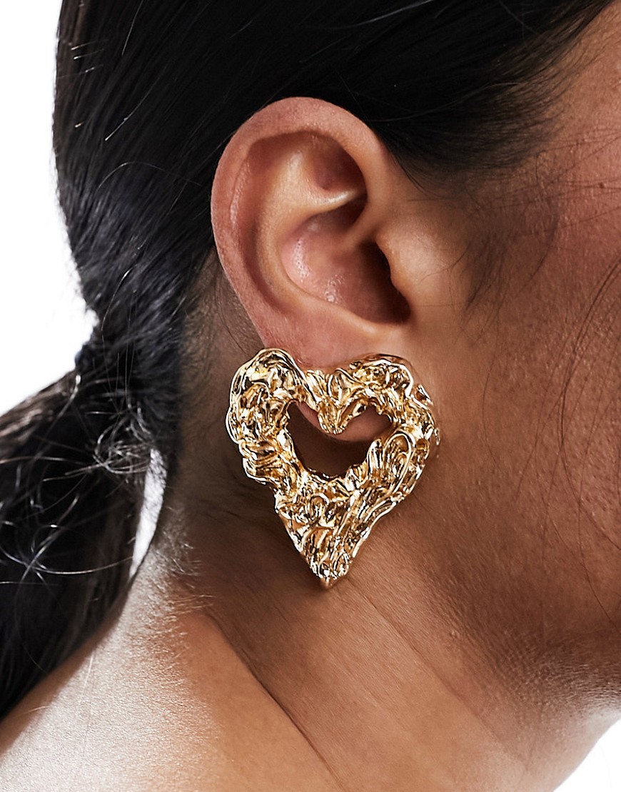 ASOS DESIGN stud earrings with textured molten heart design in gold tone