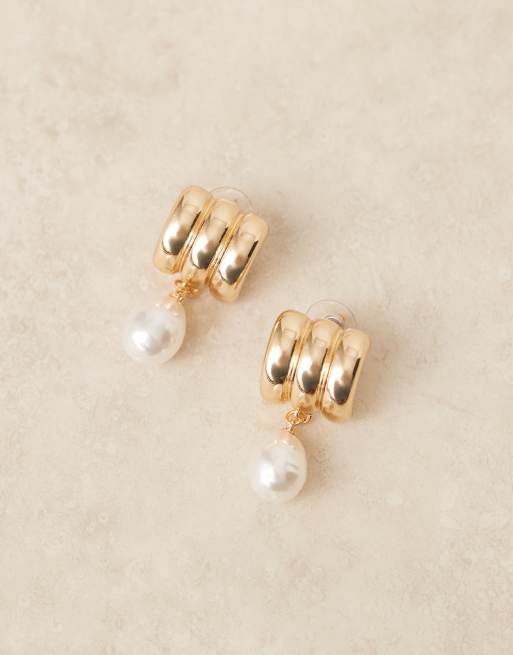 ASOS DESIGN stud earrings with triple row detail and faux pearl drop in gold tone