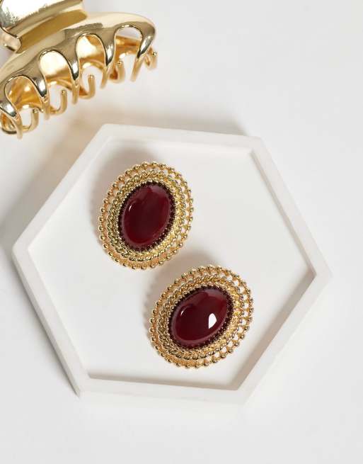 ASOS DESIGN stud earrings with vintage dark red stone setting in gold tone, 2 of 4