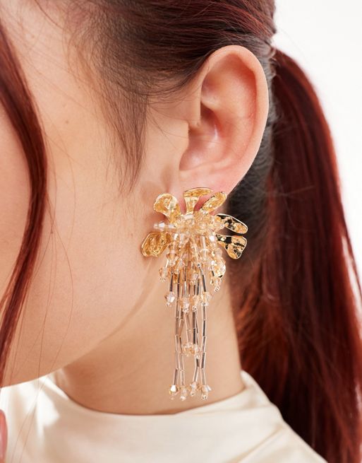 FhyzicsShops DESIGN stud earrings with waterfall floral beaded detail in gold tone