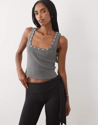Asos Design Stud Trim Racer Back Tank Top In Gray