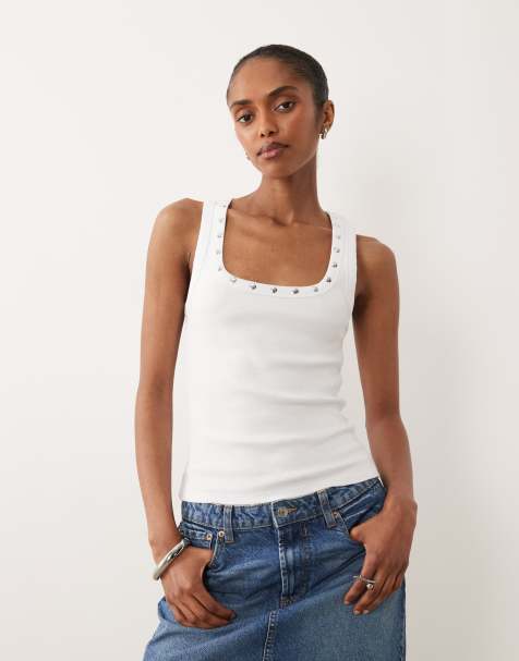 ASOS DESIGN stud trim racer tank top in white - view 1