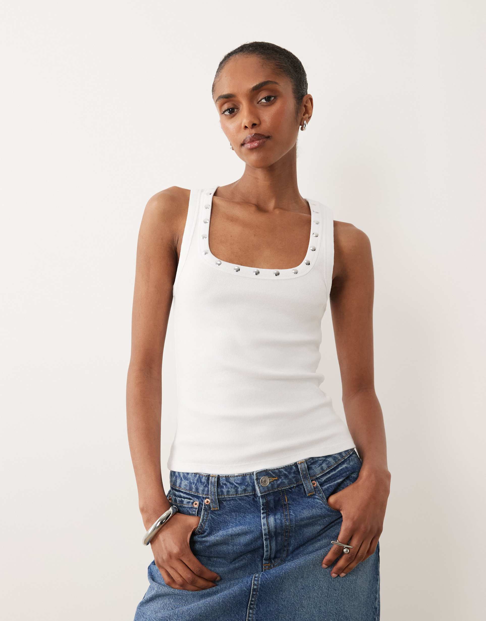 asos design stud trim racer tank top in white