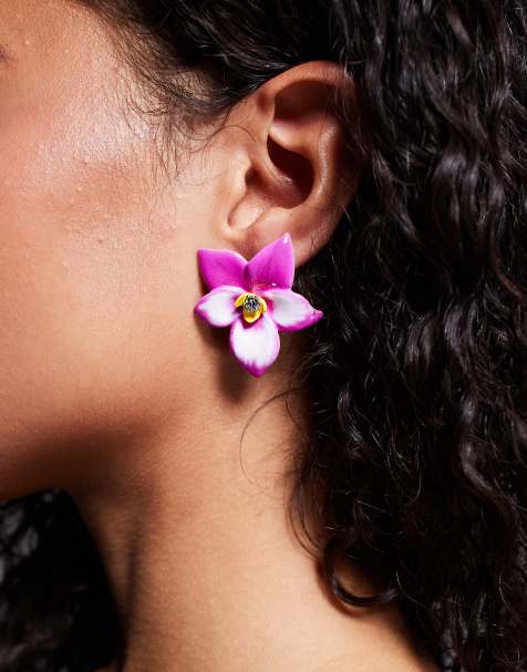 ASOS DESIGN stud tropical flower earrings in pink - view 1