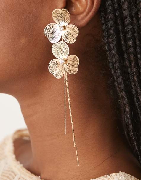 ASOS DESIGN stud wire floral earrings with chain drop tassel in gold tone - view 1