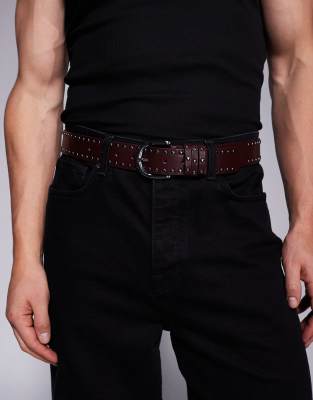 studded belt in brown-Red