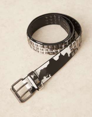 studded belt with cow print in faux leather-Black