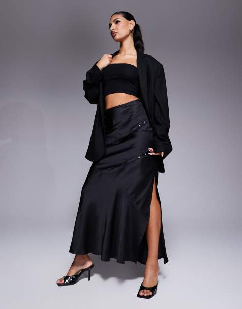 ASOS DESIGN studded bias maxi skirt with split in black - view 1