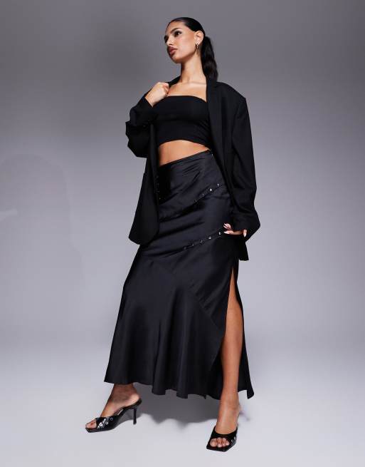 ASOS DESIGN studded bias maxi skirt with split in black