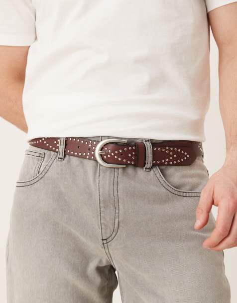 ASOS DESIGN studded burnished belt in burgundy - view 1