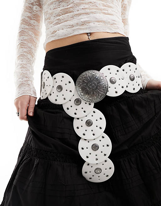 ASOS DESIGN studded disc detail waist and hip belt in white | ASOS
