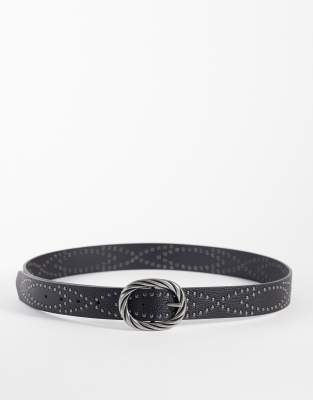 Asos Design Studded Faux Leather Belt With Twisted Pattern Silver Buckle In Black