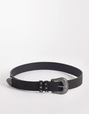 Asos Design Studded Faux Leather Belt With Western-patterned Silver-tone Buckle In Black