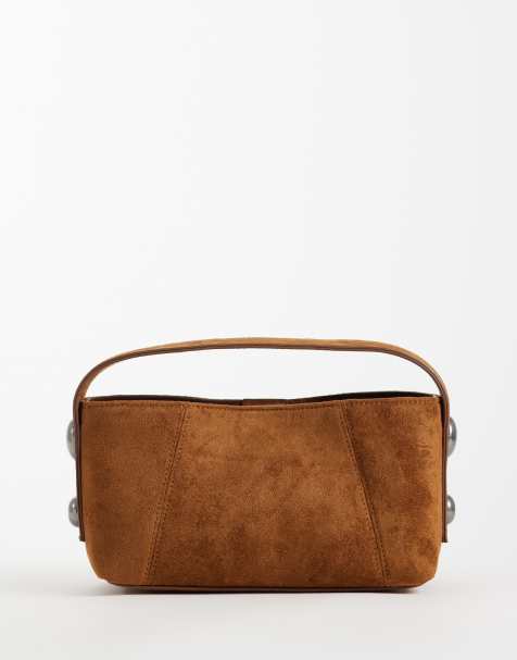 ASOS DESIGN studded faux suede grab bag with detachable crossbody strap in dark tan - view 1