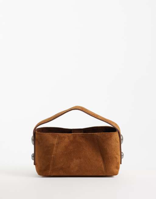 ASOS DESIGN studded faux suede grab bag with detachable crossbody strap in dark tan, 4 of 4