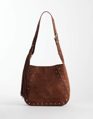 Asos Design Studded Tote Bag In Brown