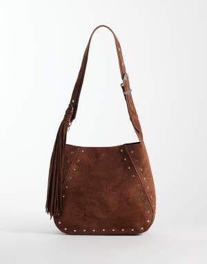 ASOS DESIGN studded tote bag with tassel charm detail in chocolate