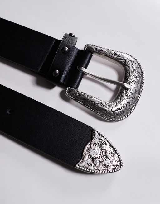 ASOS DESIGN studded western belt in black