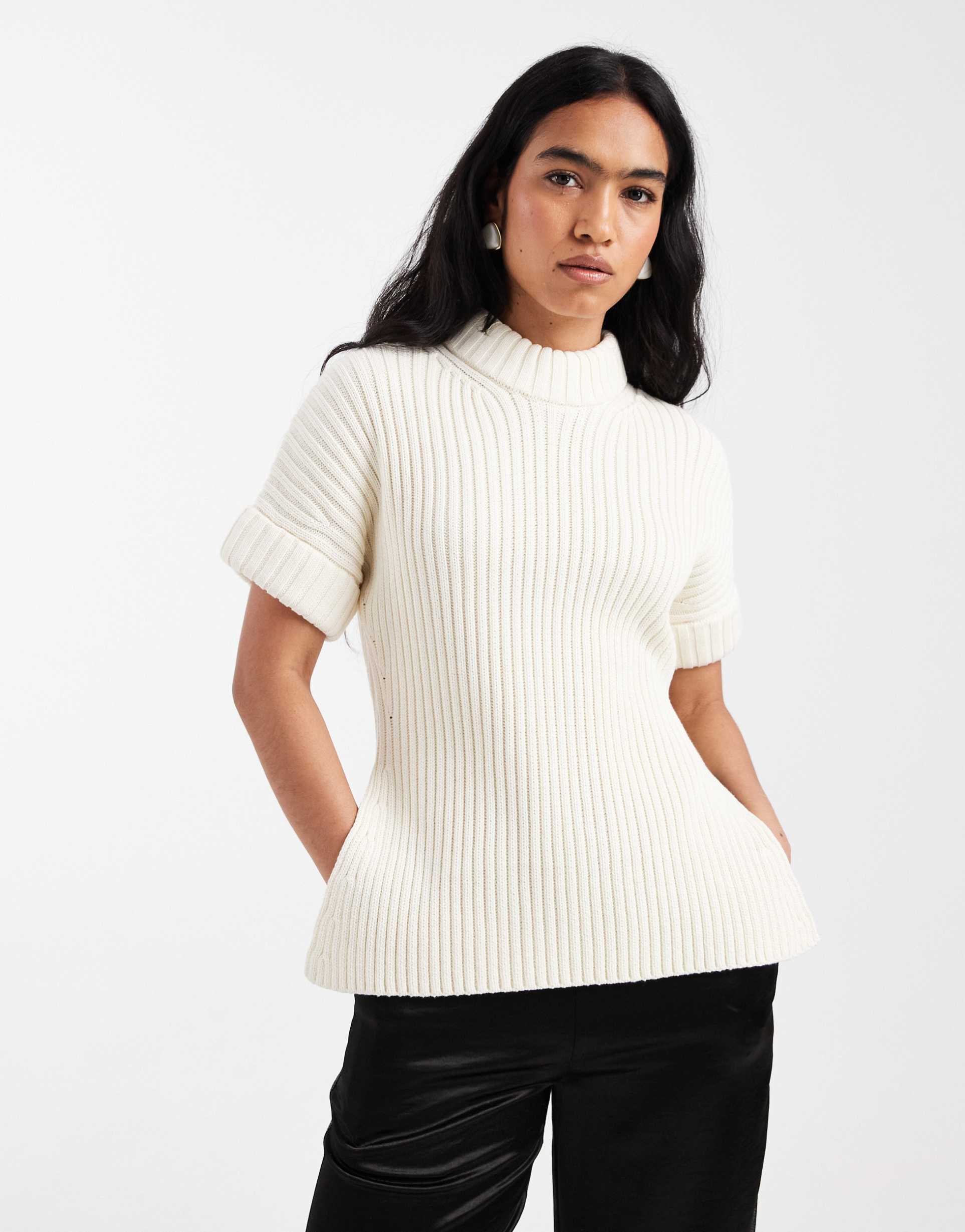 asos design stuffed neck short sleeve knit slit side top in cream