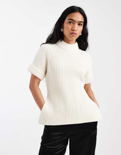 ASOS DESIGN stuffed neck short sleeve knitted split side tank in cream
