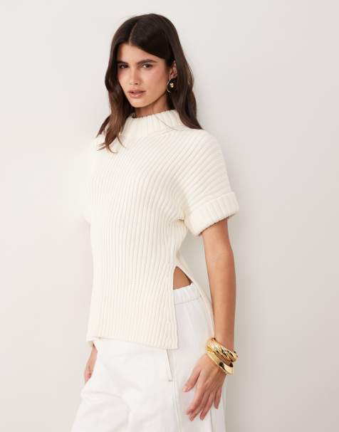 ASOS DESIGN stuffed neck sleeveless knit split side tank top in cream - view 1