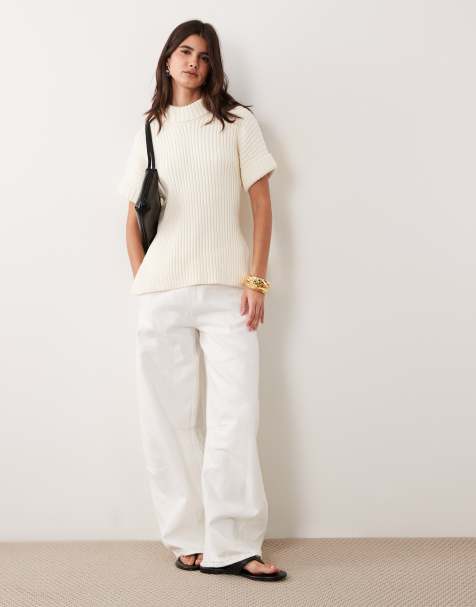 ASOS DESIGN stuffed neck sleeveless knitted split side tank in cream - view 1