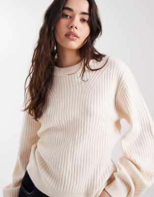 Asos Design Stuffed Neck Trim Ribbed Detail Sweater In White