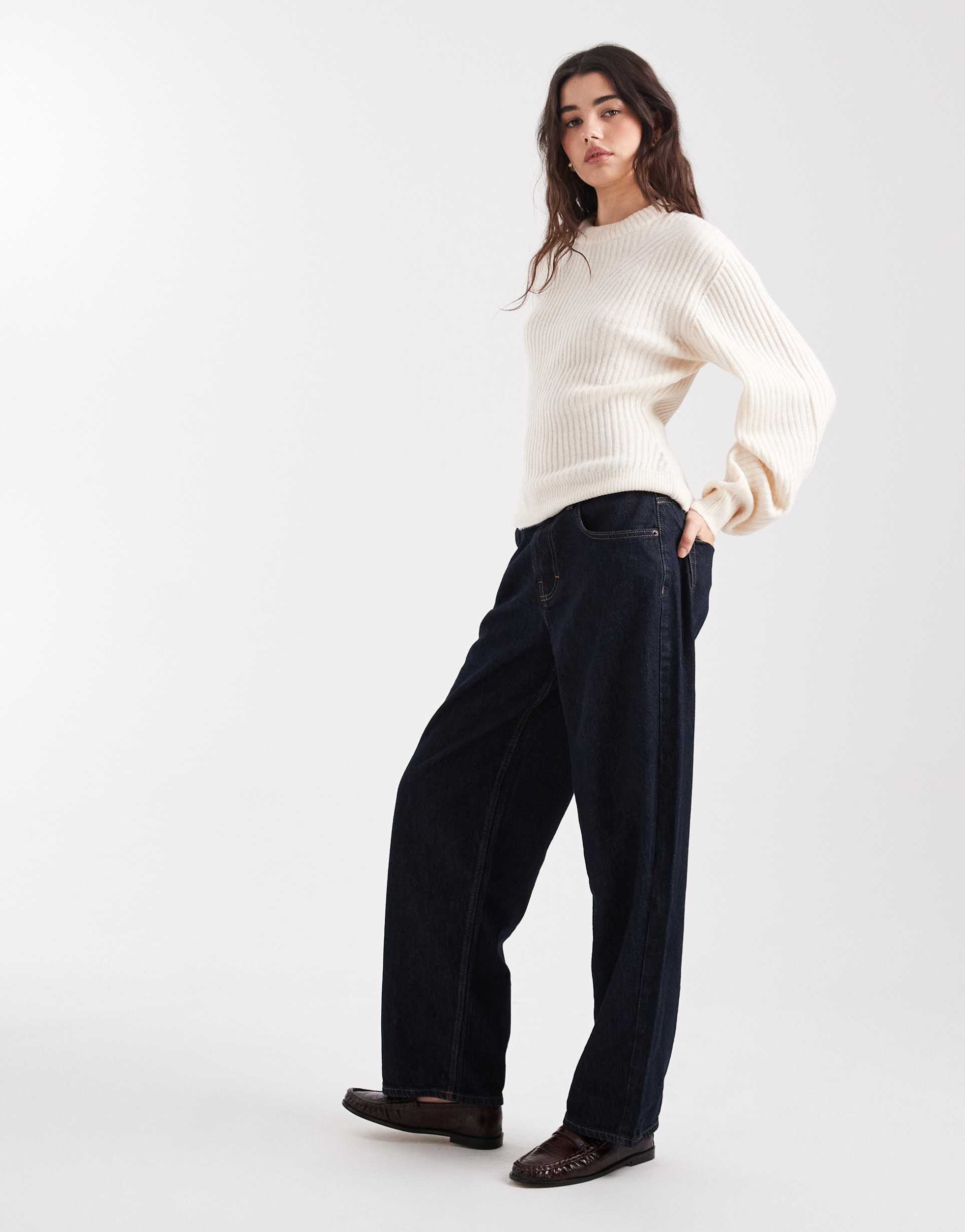 asos design stuffed neck trim ribbed detail sweater in cream