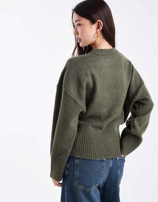 ASOS DESIGN stuffed neck trim waisted sweater in khaki