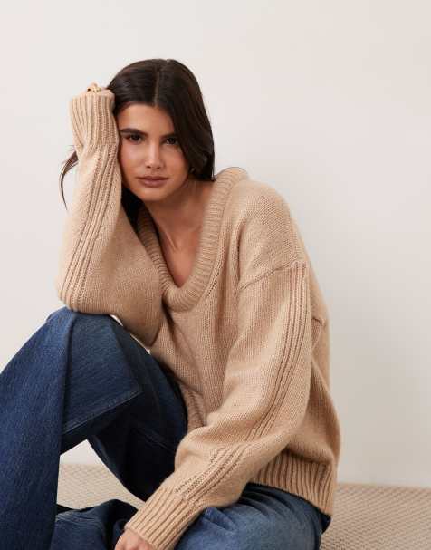 ASOS DESIGN stuffed scoop neck trim jumper in oatmeal - view 1