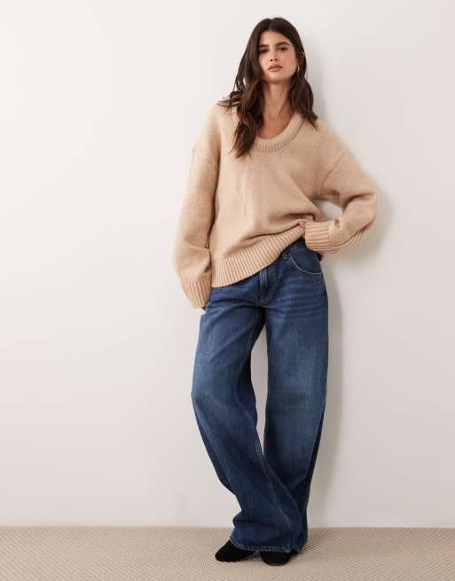 ASOS DESIGN stuffed scoop neck trim jumper in oatmeal, 2 of 4
